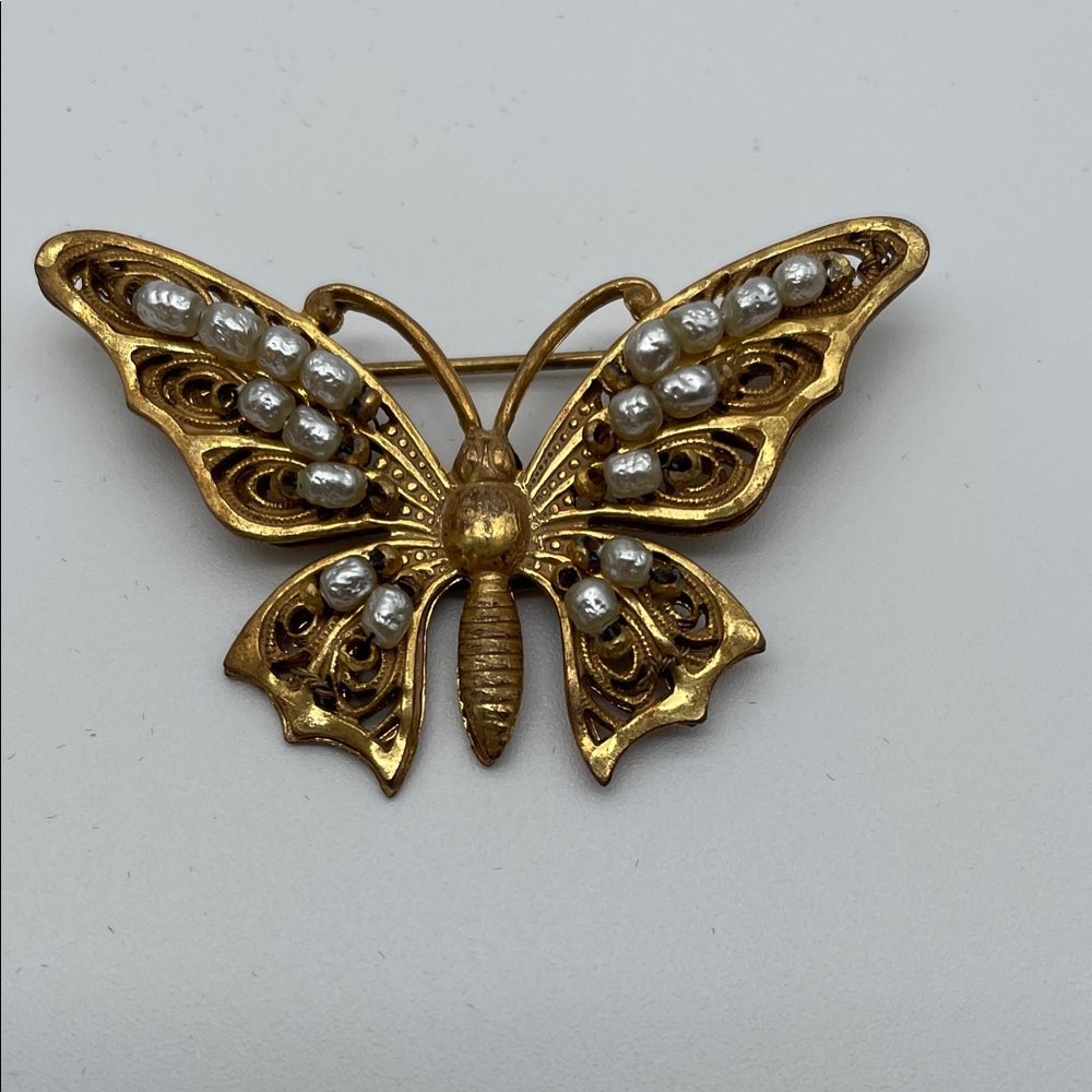 Miriam Haskell Gold Butterfly Brooch with Pearls